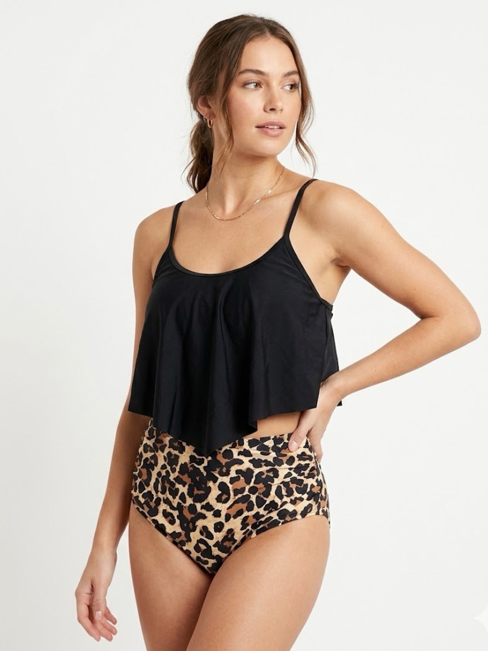 Black Flowy Tankini Top with Leopard High-Waist Bottoms